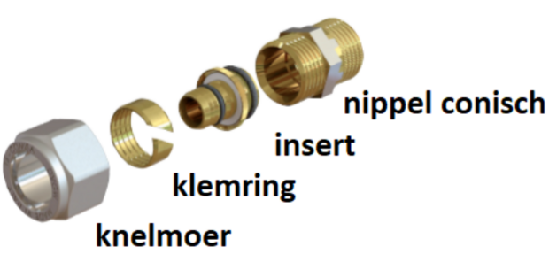 TM Knie 4/4"M x 20/2 mm Alupex schroef / knel koppeling - MESSING KLEUR