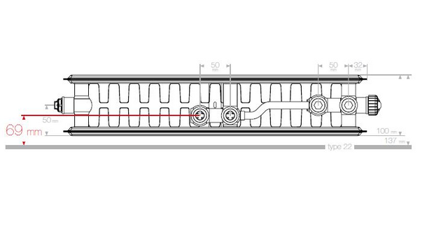 VKM8 UNI T22 Paneelradiator H900 L900 (2102 Watt)  8-aansluitpunten